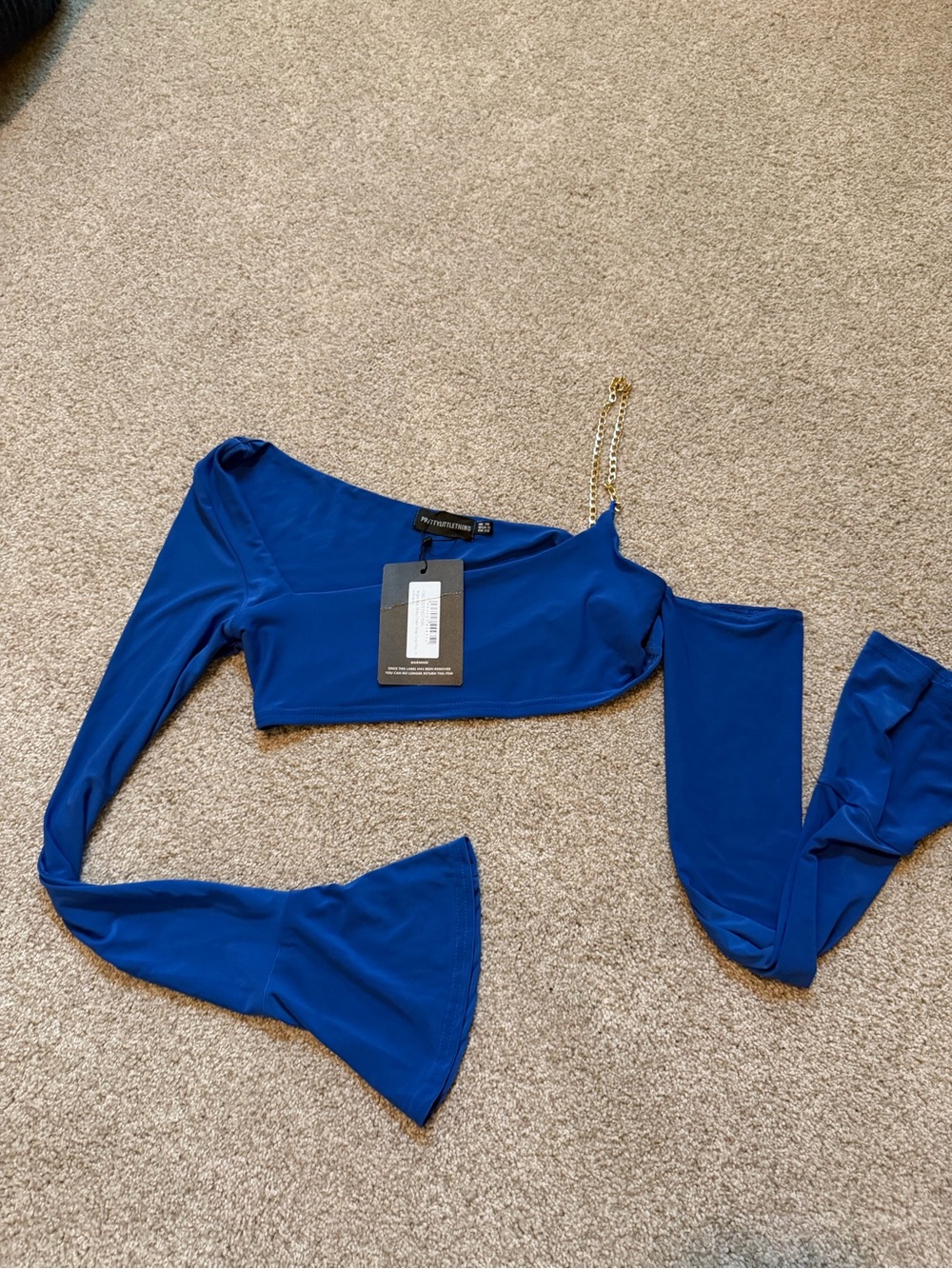 PrettyLittleThing Royal Blue One-Shoulder Crop Top with Bell Sleeve
